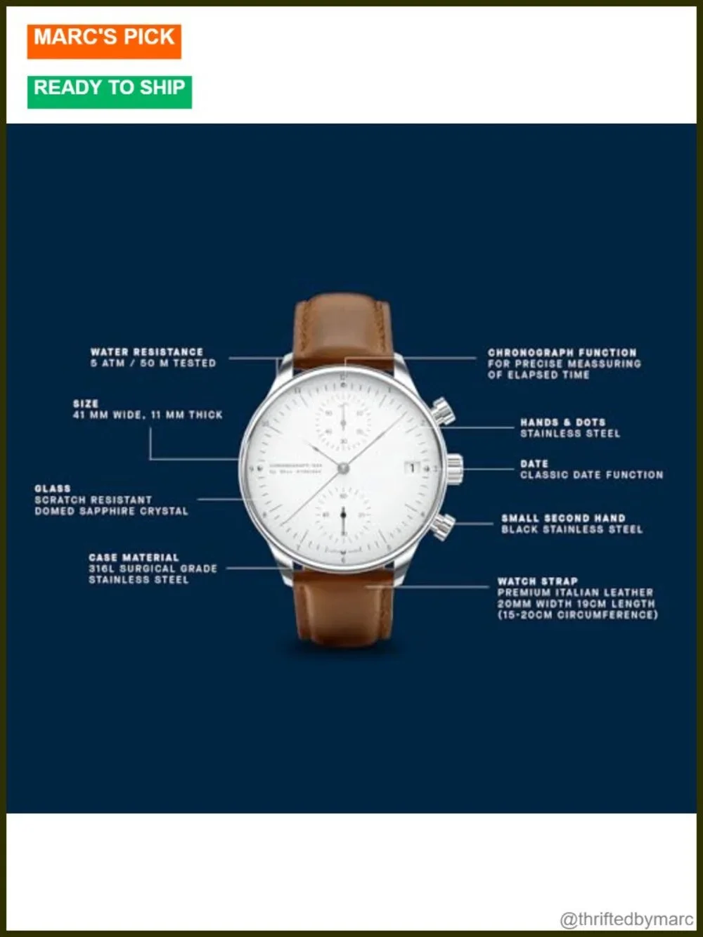 Men's Chronograph Wrist Watch, Stainless Steel, Quartz Movement, Leather Strap